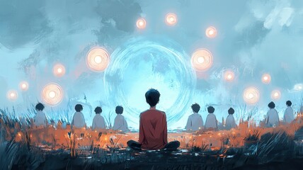 A serene scene depicting a figure meditating in front of glowing orbs, surrounded by others, evoking a sense of unity and tranquility.