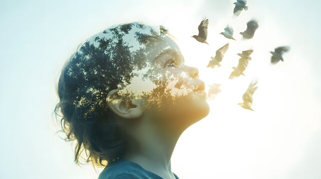 Enchanted Moment of a Child Gazing Up with Joy as Birds Take Flight amidst Dreamy Nature Imagery in a Surreal Double Exposure Effect