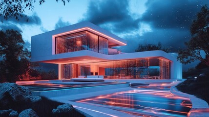 A modern house with striking architecture, illuminated in vibrant colors, surrounded by lush greenery and set against a dramatic night sky.