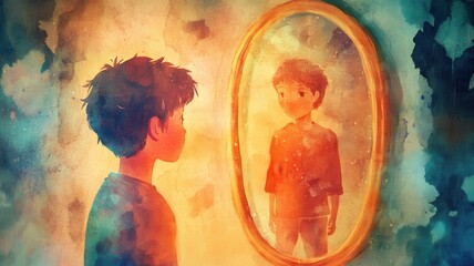 A young boy gazes into a mirror, reflecting a dreamlike image of himself, surrounded by soft, colorful hues.