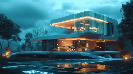 A modern, futuristic house with glowing elements and a reflective pool, surrounded by trees under a dramatic sky.