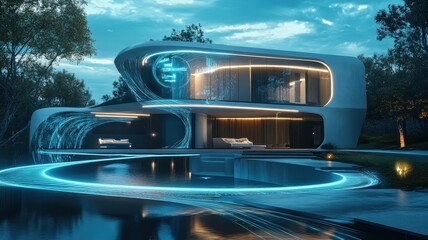 A futuristic home featuring sleek architecture, illuminated details, and a serene water feature, surrounded by greenery.