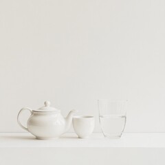 Fototapeta premium A minimalist arrangement of a teapot, cup, and glass of water on a simple background.