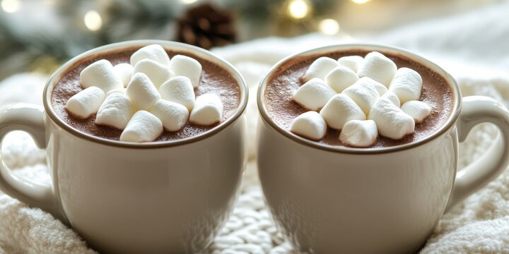 Delight in two cups of hot chocolate topped with marshmallows, perfect for enjoying on a sunny winter day while savoring the warmth and comfort that hot chocolate brings.