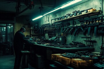 A dedicated gunsmith at work in a dimly lit workshop filled with firearms. Generative AI
