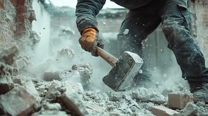 Worker Demolishing Brick Wall With Sledgehammer