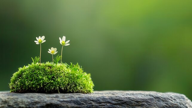 Moss and tiny flowers thriving on a rock surface, natural macro shot, microecosystem