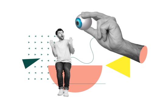 Poster collage of young scared man terrified reaction nervous foreigner absurd eyeball spying his private life isolated on red background