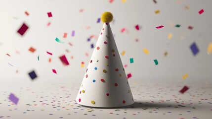 A festive party hat surrounded by colorful confetti, symbolizing celebration and joy.