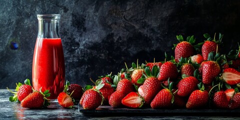 Deliciously Fresh Strawberry Showcase, A captivating arrangement of fresh strawberries, featuring vibrant red strawberries, creatively displayed alongside strawberry juice, all set in a low key scene.