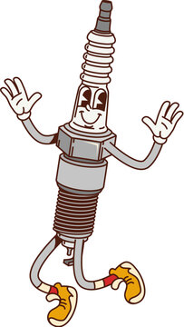 Cartoon retro groovy car spark plug character. Automobile ignition system element happy groovy mascot or vehicle spark plug funny isolated vector personage. Car spare part comical cartoon character