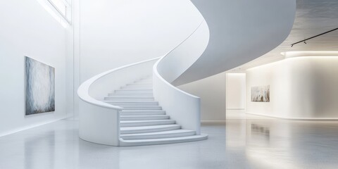 Fototapeta premium Elegant white stairs featured in an art gallery create a stunning visual. The white stairs in the art gallery enhance the artistic atmosphere and invite exploration of the displayed artwork.