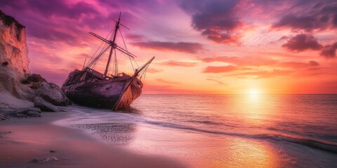 Obraz premium Shipwreck at a scenic beach with stunning sunset and twilight sky, creating a captivating atmosphere. Experience the intriguing shipwreck against the backdrop of a beautiful sunset.