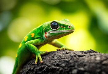 Obraz premium A hyper-realistic close-up photograph of a vibrant gecko perched on a textured tree branch. The geckos intricate skin pattern - generated by ai