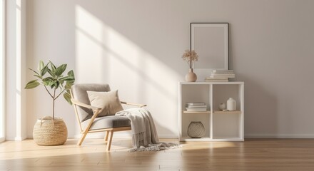 Fototapeta premium Minimalist living room interior with stylish armchair houseplants