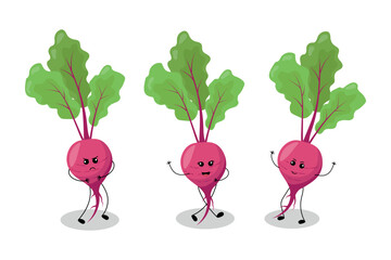 A cute beetroot character in kawaii style with a smiling face and vibrant colors on a white background, perfect for kids' designs and food illustrations. Vector illustration.