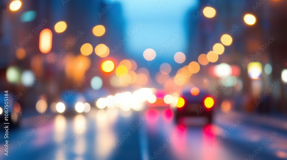 Poster blurred lights from passing cars create a dynamic atmosphere on a bustling city street as dusk settl