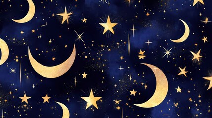 Naklejka premium Seamless pattern with gold stars, crescent moons, and glitter on a dark blue background.