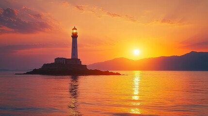 lighthouse in the sea while sunrise / sunset 