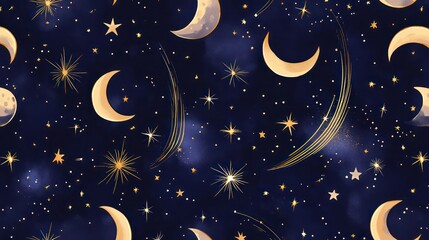 Naklejka premium A seamless pattern of shooting stars and moons, with a cosmic, dreamy feel, in shades of lavender, gold, and navy blue