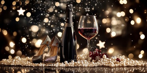 Wine bottle elegantly placed in high heel shoes, surrounded by pearls and stars spilling from a glass, creating a chic and whimsical atmosphere with this unique wine themed concept.