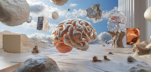 A digital brain surrounded by floating 3D art pieces, illustrating how AI can inspire and enhance the creative process in an artistic environment.