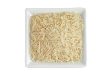 rice basmati in a ceramic bowl isolated on white background. Top view. Flat lay