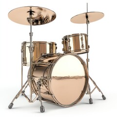 A shiny, modern drum set featuring a bass drum, snare, and cymbals, designed for music performance.