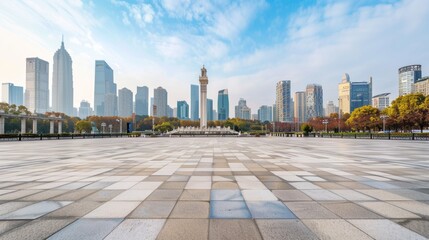 Obraz premium Empty square floor with city skyline background, City skyline with an urban sanctuary, where serene parks and tranquil spaces offer solace amidst the urban hustle