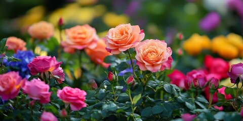 Fototapeta premium Vibrant roses and various other flowers beautifully bloom in a lush garden, creating a stunning display of colors and scents that enhance the garden s natural charm and appeal.