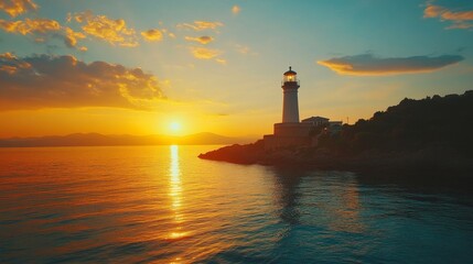 lighthouse in the sea while sunrise / sunset 
