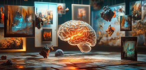 A digital brain surrounded by floating 3D art pieces, illustrating how AI can inspire and enhance the creative process in an artistic environment.