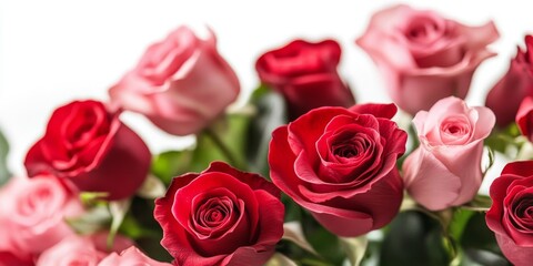 Fototapeta premium Close up of a beautiful bouquet featuring red and pink roses, showcasing the vibrant colors and delicate petals of the fresh roses against a clean white background. Perfect for floral art.