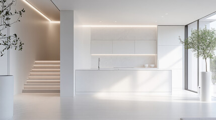 White and clean modern kitchen interior design  white champange and light grey color.