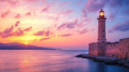 lighthouse in the sea while sunrise / sunset 
