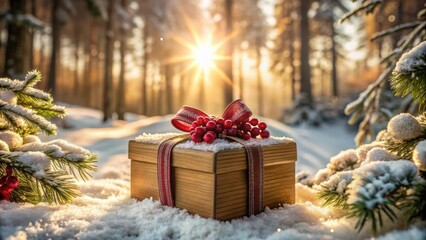 A Festive Gift Box Adorned with a Red Bow and Berries Resting in the Snow-Covered Forest, Bathed in the Warm Glow of the Setting Sun