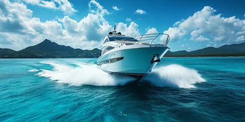 A luxurious motor yacht moves gracefully through tropical waters, creating a stunning bow wave,...