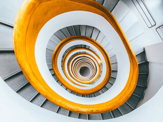 A downward-looking view of a building's spiraling staircase