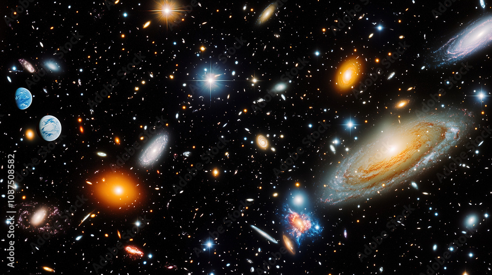 Poster exploring the vast expanse of the universe with galaxies, stars, and planets shining brightly in a c