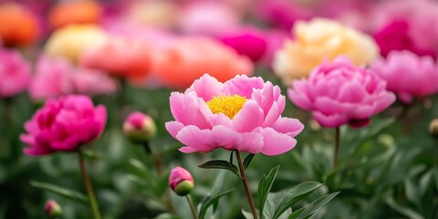 Obraz premium Vibrant peony flowers showcase their beauty in a flourishing peony field, creating a stunning display of colorful peony flowers that attract attention and admiration.