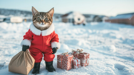 A kitten dressed as Santa Claus, complete with black boots, standing in the snow holding a bag of gifts.