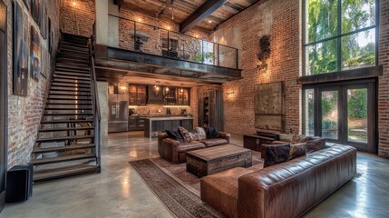 Industrial Loft Living Room Design Featuring Exposed Brick