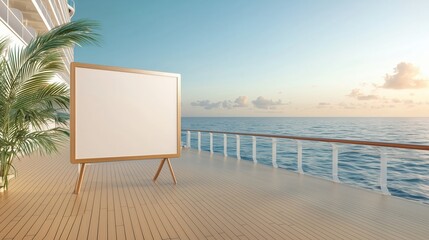 Blank Whiteboard with Golden Sky and Calm Ocean Waves at Sunset