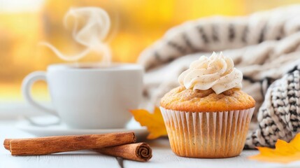 Cinnamon muffin and steaming coffee, cozy blanket in the background, autumnal colors and soft focus, perfect for a fall-inspired setting