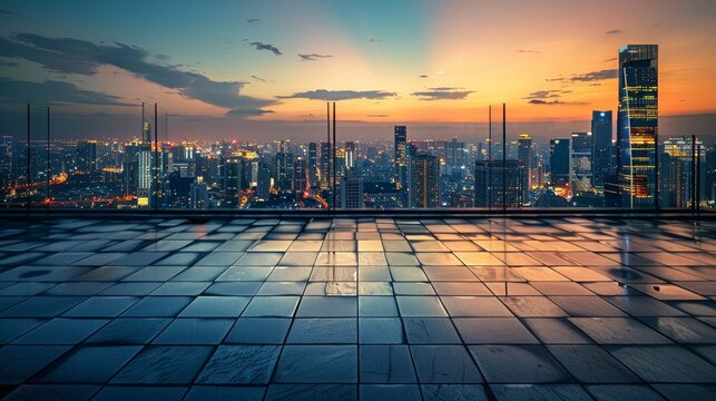 Empty square floor with city skyline background, City skyline with an architectural fusion, merging traditional and contemporary architectural styles to shape a unique urban identity