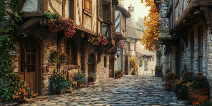 Charming street in a medieval town captures the essence of historic architecture, showcasing the allure of a medieval town through its quaint pathways and timeless ambiance of a medieval town.