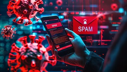 A hand holds a phone displaying spam messages, surrounded by digital virus symbols, reflecting cybersecurity concerns.