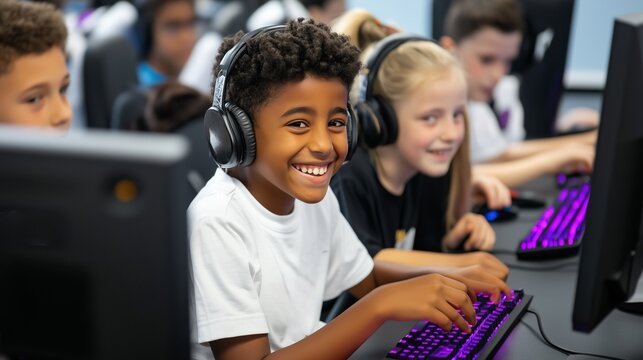 A young boy smiles while playing a game on a computer in a classroom