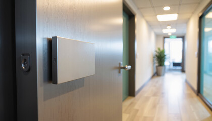 Close-up of door with blank nameplate and hallway view in modern office, professional environment, minimalistic design, copy space