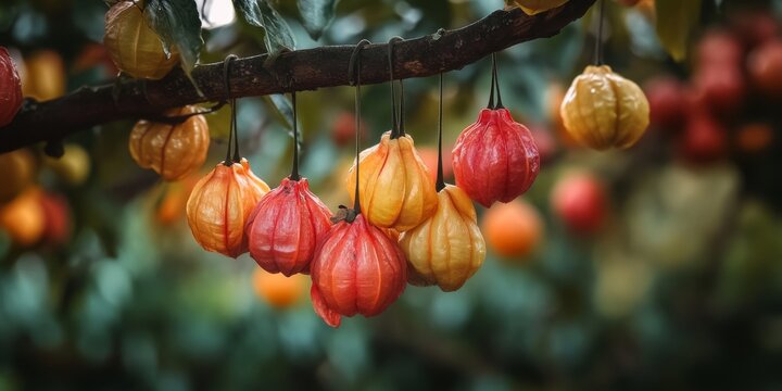 Bunch of tejocotes suspended from a tree branch, showcasing the vibrant tejocotes with ample copy space for creative use and design. Perfect for highlighting the beauty of tejocotes.